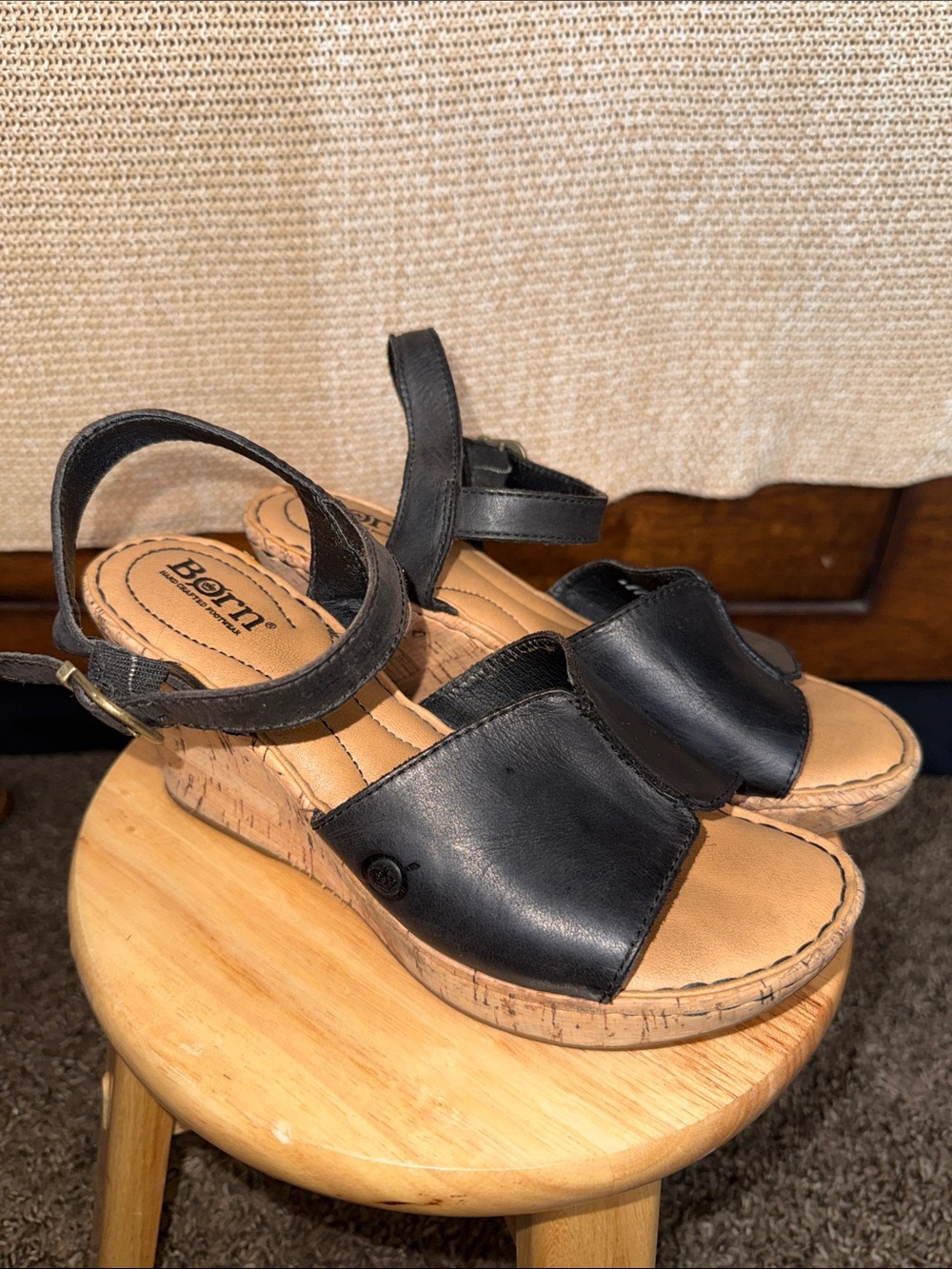 Born Black Leather Cork Wedge Sandals with Ankle Strap